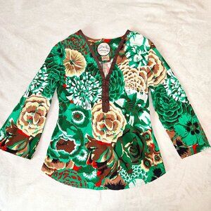 Y2K Almatrichi Madrid Floral Print Blouse Green Brown Cotton VNeck 3/4 Sleeve, S